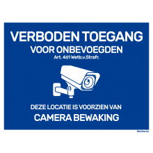 Bord "verboden toegang - camerabewaking" 20 x 30 cm - Blauw/wit